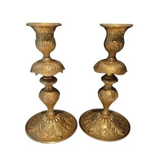 Vtg Pair of Brass‎ Floral Candlesticks Ornate 10" Romantic Eclectic Decor Heavy